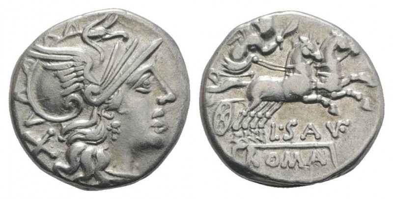 L. Saufeius, Rome, 152 BC. AR Denarius (15.5mm, 3.12g, 6h). Helmeted head of Rom...