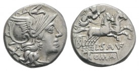 L. Saufeius, Rome, 152 BC. AR Denarius (15.5mm, 3.12g, 6h). Helmeted head of Roma r. R/ Victory, holding reins and whip, driving galloping biga r. Cra...