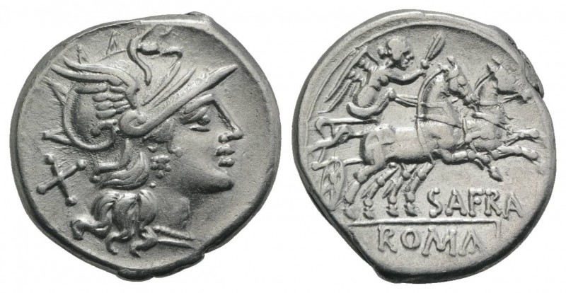 Spurius Afranius, Rome, 150 BC. AR Denarius (18mm, 3.80g, 5h). Helmeted head of ...