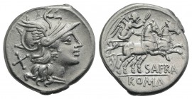 Spurius Afranius, Rome, 150 BC. AR Denarius (18mm, 3.80g, 5h). Helmeted head of Roma r. R/ Victory driving biga r., holding whip and reins. Crawford 2...