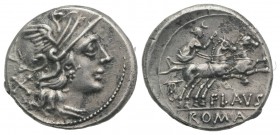 Decimius Flavus, Rome, 150 BC. AR Denarius (19mm, 3.78g, 11h). Helmeted head of Roma r. R/ Diana Lucifera driving galloping biga r., holding reins and...