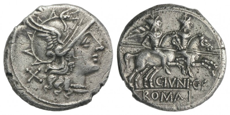 C. Junius C.f., Rome, 149 BC. AR Denarius (18mm, 3.80g, 12h). Helmeted head of R...