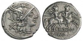 C. Junius C.f., Rome, 149 BC. AR Denarius (18mm, 3.80g, 12h). Helmeted head of Roma r. R/ Dioscuri riding r., stars above; C. IVNI. C. F below. Crawfo...