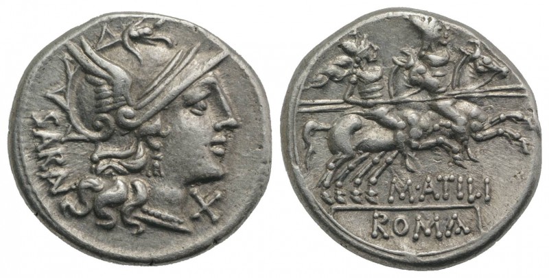 M. Atilius Saranus, Rome, 148 BC. AR Denarius (18.5mm, 3.97g, 9h). Helmeted head...