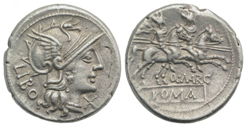 Q. Marcius Libo, Rome, 148 BC. AR Denarius (20mm, 3.91g, 2h). Helmeted head of R...