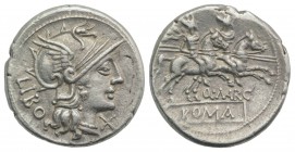 Q. Marcius Libo, Rome, 148 BC. AR Denarius (20mm, 3.91g, 2h). Helmeted head of Roma r. R/ Dioscuri riding r. with couched lances, stars above their he...
