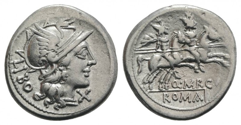 Q. Marcius Libo, Rome, 148 BC. AR Denarius (20mm, 4.03g, 10h). Helmeted head of ...