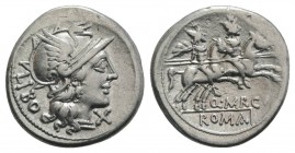 Q. Marcius Libo, Rome, 148 BC. AR Denarius (20mm, 4.03g, 10h). Helmeted head of Roma r. R/ Dioscuri riding r. with couched lances, stars above their h...