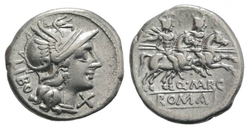 Q. Marcius Libo, Rome, 148 BC. AR Denarius (19mm, 3.83g, 10h). Helmeted head of ...