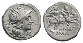 Q. Marcius Libo, Rome, 148 BC. AR Denarius (19mm, 3.83g, 10h). Helmeted head of Roma r. R/ Dioscuri riding r. with couched lances, stars above their h...