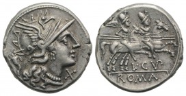 L. Cupiennius, Rome, 147 BC. AR Denarius (18mm, 3.54g, 6h). Helmeted head of Roma r.; cornucopia behind. R/ The Dioscuri, each holding spear, on horse...