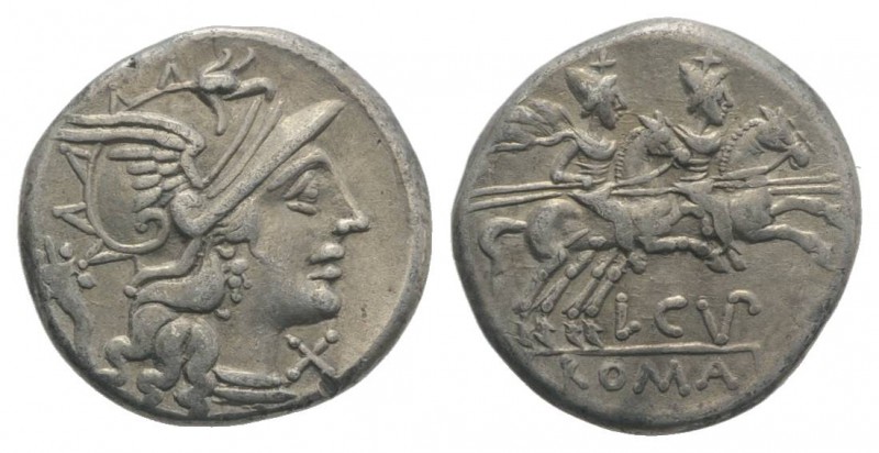 L. Cupiennius, Rome, 147 BC. AR Denarius (18mm, 4.14g, 2h). Helmeted head of Rom...