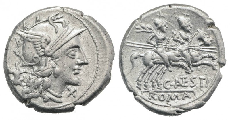 C. Antestius, Rome, 146 BC. AR Denarius (19mm, 3.68g, 3h). Helmeted head of Roma...