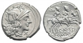 C. Antestius, Rome, 146 BC. AR Denarius (19mm, 3.68g, 3h). Helmeted head of Roma r.; dog upward behind. R/ The Dioscuri, each holding spear, on horseb...