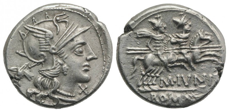 M. Junius Silanus, Rome, 145 BC. AR Denarius (19mm, 3.99g, 12h). Helmeted head o...
