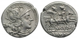 M. Junius Silanus, Rome, 145 BC. AR Denarius (19mm, 3.99g, 12h). Helmeted head of Roma r.; head of ass behind. R/ Dioscuri riding r. Crawford 220/1; R...