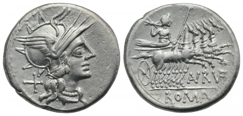 Aurelius Rufus, Rome, 144 BC. AR Denarius (21mm, 3.99g, 6h). Helmeted head of Ro...