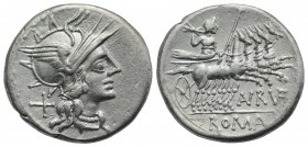 Aurelius Rufus, Rome, 144 BC. AR Denarius (21mm, 3.99g, 6h). Helmeted head of Roma r. R/ Jupiter driving galloping quadriga r., holding reins and scep...