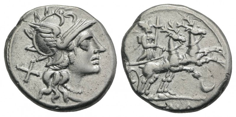 Anonymous, Rome, 143 BC. AR Denarius (18mm, 3.87g, 3h). Helmeted head of Roma r....