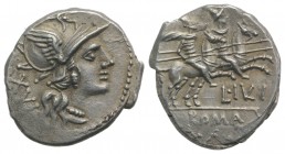 L. Julius, Rome, 141 BC. AR Denarius (19mm, 3.63g, 11h). Helmeted head of Roma r.; XVI to l. R/ Dioscuri on horseback riding r. Crawford 224/1; RBW 94...