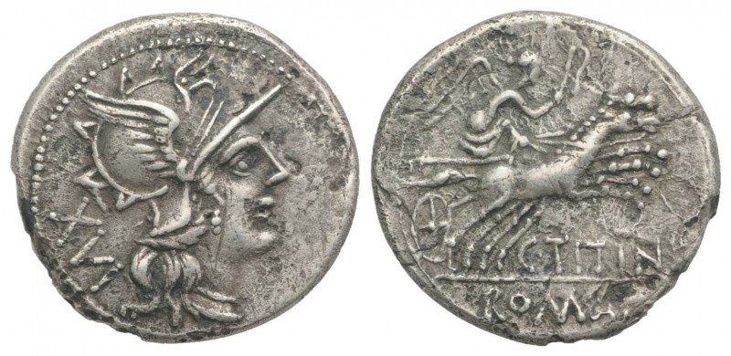 C. Titinius, Rome, 141 BC. AR Denarius (18mm, 3.00g, 12h). Helmeted head of Roma...