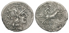 C. Titinius, Rome, 141 BC. AR Denarius (18mm, 3.00g, 12h). Helmeted head of Roma r.; XVI behind. R/ Victory driving biga r. Crawford 226/1a; RBW 951; ...