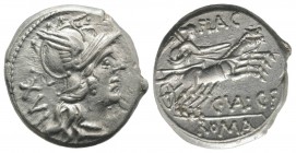 C. Valerius C.f. Flaccus, Rome, 140 BC. AR Denarius (18mm, 3.97g, 6h). Helmeted head of Roma r.; XVI behind. R/ Victory driving galloping biga r., hol...