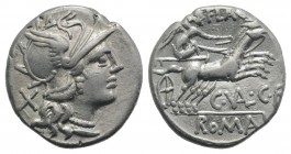 C. Valerius C.f. Flaccus, Rome, 140 BC. AR Denarius (18mm, 3.69g, 12h). Helmeted head of Roma r. R/ Victory driving galloping biga r. Crawford 228/2; ...