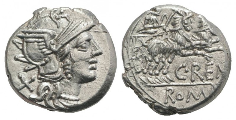 C. Renius, Rome, 138 BC. AR Denarius (15.5mm, 3.94g, 5h). Helmeted head of Roma ...
