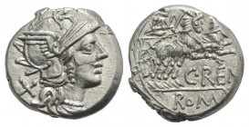C. Renius, Rome, 138 BC. AR Denarius (15.5mm, 3.94g, 5h). Helmeted head of Roma r. R/ Juno Caprotina driving biga of goats r., holding whip, reins, an...
