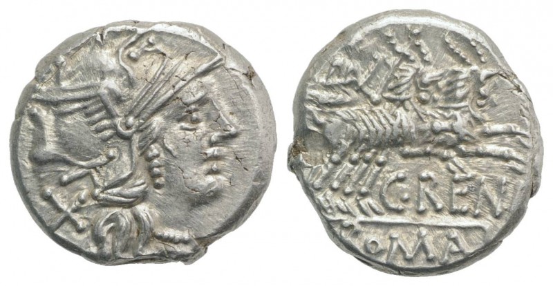C. Renius, Rome, 138 BC. AR Denarius (16mm, 3.84g, 11h). Helmeted head of Roma r...