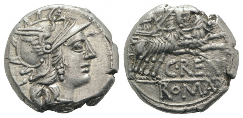 C. Renius, Rome, 138 BC. AR Denarius (16.5mm, 3.78g, 6h). Helmeted head of Roma ...