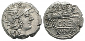 C. Renius, Rome, 138 BC. AR Denarius (16.5mm, 3.78g, 6h). Helmeted head of Roma r. R/ Juno Caprotina driving biga of goats r., holding whip, reins, an...