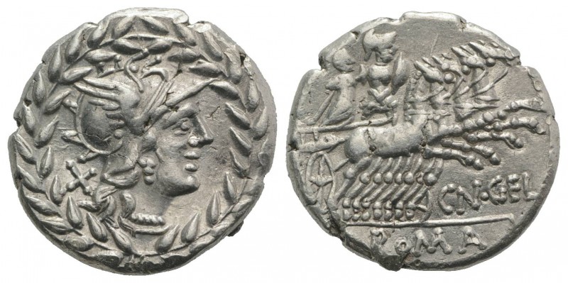 Cn. Gellius, Rome, 138 BC. AR Denarius (19mm, 3.95g, 1h). Helmeted head of Roma ...