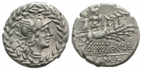 Cn. Gellius, Rome, 138 BC. AR Denarius (19mm, 3.95g, 1h). Helmeted head of Roma r.; all within laurel wreath. R/ Mars driving galloping quadriga r., g...