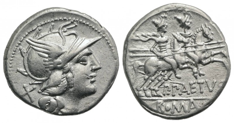 P. Aelius Paetus, Rome, 138 BC. AR Denarius (20mm, 3.65g, 9h). Helmeted head of ...