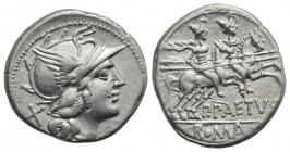 P. Aelius Paetus, Rome, 138 BC. AR Denarius (20mm, 3.65g, 9h). Helmeted head of Roma r. R/ The Dioscuri riding r. Crawford 233/1; RBW 968; RSC Aelia 3...