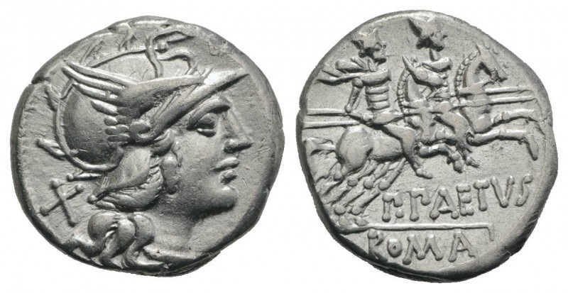P. Aelius Paetus, Rome, 138 BC. AR Denarius (19mm, 3.82g, 5h). Helmeted head of ...
