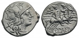 P. Aelius Paetus, Rome, 138 BC. AR Denarius (18mm, 3.78g, 2h). Helmeted head of Roma r. R/ The Dioscuri riding r. Crawford 233/1; RBW 968; RSC Aelia 3...