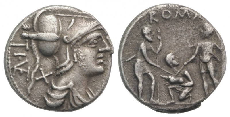 Ti. Veturius, Rome, 137 BC. AR Denarius (18mm, 3.66g, 5h). Helmeted and draped b...