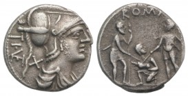 Ti. Veturius, Rome, 137 BC. AR Denarius (18mm, 3.66g, 5h). Helmeted and draped bust of Mars r. R/ Oath-taking scene: youth kneeling l., head r., betwe...