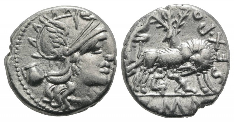 Sex. Pompeius Fostlus, Rome, 137 BC. AR Denarius (18.5mm, 3.93g, 9h). Helmeted h...