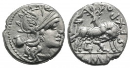 Sex. Pompeius Fostlus, Rome, 137 BC. AR Denarius (18.5mm, 3.93g, 9h). Helmeted head of Roma r.; capis to l. R/ She-wolf standing r., head l., suckling...