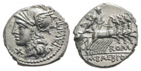 M. Baebius Q.f. Tampilus, Rome, 137 BC. AR Denarius (18mm, 3.89g, 7h). Helmeted head of Roma l. R/ Apollo driving quadriga r., holding bow and arrow. ...