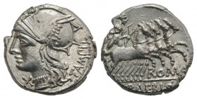 M. Baebius Q.f. Tampilus, Rome, 137 BC. AR Denarius (17mm, 3.95g, 3h). Helmeted head of Roma l. R/ Apollo driving quadriga r., holding bow and arrow. ...