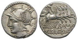 M. Baebius Q.f. Tampilus, Rome, 137 BC. AR Denarius (17mm, 3.85g, 5h). Helmeted head of Roma l. R/ Apollo driving quadriga r., holding bow and arrow. ...