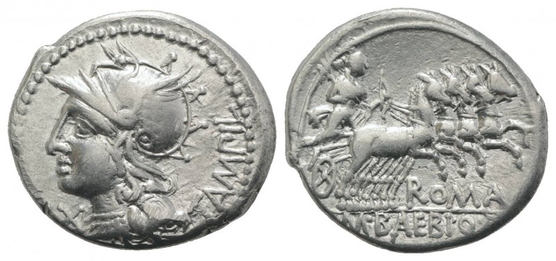 M. Baebius Q.f. Tampilus, Rome, 137 BC. AR Denarius (20mm, 3.85g, 6h). Helmeted ...