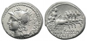 M. Baebius Q.f. Tampilus, Rome, 137 BC. AR Denarius (20mm, 3.85g, 6h). Helmeted head of Roma l. R/ Apollo driving galloping quadriga r., holding bow. ...