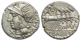 M. Baebius Q.f. Tampilus, Rome, 137 BC. AR Denarius (17mm, 3.98g, 6h). Helmeted head of Roma l. R/ Apollo driving quadriga r., holding bow and arrow. ...