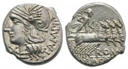 M. Baebius Q.f. Tampilus, Rome, 137 BC. AR Denarius (17.5mm, 3.95g, 6h). Helmeted head of Roma l. R/ Apollo driving quadriga r., holding bow and arrow...